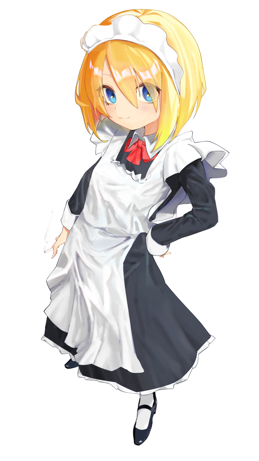 1girl absurdres alice_margatroid alternate_costume apron black_dress black_shoes blonde_hair blue_eyes blush bow bowtie cigarette closed_mouth commentary_request cookie_(touhou) dress enmaided eyes_visible_through_hair full_body hair_between_eyes highres holding holding_cigarette long_bangs long_dress long_sleeves looking_at_viewer maid maid_headdress mary_janes red_bow red_bowtie shoes short_hair simple_background smile socks solo standing taisa_(cookie) touhou white_apron white_background white_socks whiterolo