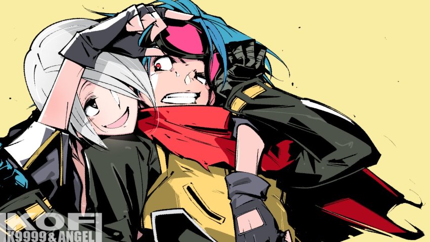 angel_(kof) blue_hair cape copyright_name fighting_game gloves hug jacket k9999 krohnen long_sleeves makokujira mechanical_arms red_cape simple_background snk the_king_of_fighters the_king_of_fighters_xv white_hair yellow_background