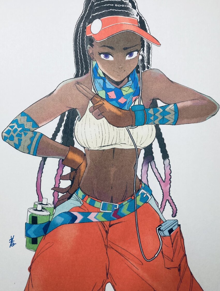 1girl bad_link baggy_pants belt black_hair blue_belt blue_neckerchief breasts brown_gloves cable colored_tips crop_top dark-skinned_female dark_skin dreadlocks earbuds earphones elbow_pads fingerless_gloves gloves grey_background hand_on_own_hip hat highres hiroshi_mono kimberly_jackson kuji-in linea_alba long_hair looking_at_viewer medium_breasts multicolored_hair multiple_belts neckerchief official_alternate_costume official_alternate_hairstyle orange_hat pants purple_eyes purple_hair quad_braids single_elbow_pad sleeveless smartwatch smirk solo source_request spray_can street_fighter street_fighter_6 thick_eyebrows toned very_dark_skin visor_cap walkman watch wide_hips wristwatch