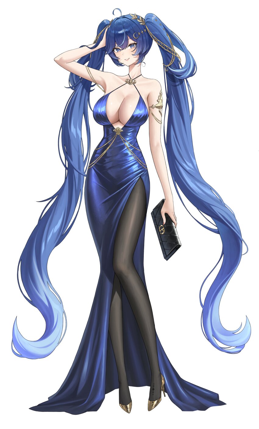 1girl absurdres ahoge alternate_breast_size_(larger) alternate_costume armlet bag bare_shoulders black_bag black_pantyhose blue_dress blue_eyes blue_hair breasts cleavage collarbone commentary criss-cross_halter dang_geun23283 dress full_body gold_shoes gradient_hair hair_between_eyes halterneck hand_on_own_head handbag high_heels highres holding holding_bag iuno_(wuthering_waves) jewelry large_breasts laurel_crown light_blush long_dress long_hair long_legs looking_at_viewer multicolored_hair pantyhose parted_lips revision shoes smile solo streaked_hair tacet_mark_(wuthering_waves) twintails very_long_hair wuthering_waves
