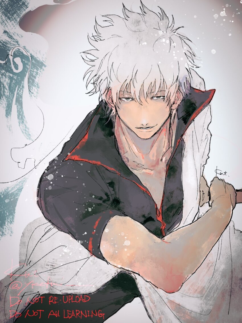1boy black_pants black_shirt collarbone drawing_sword fighting_stance gintama hadanugi_dousa hair_between_eyes highres holding holding_sheath holding_sword holding_weapon japanese_clothes kimono long_sleeves looking_at_viewer male_focus messy_hair open_clothes open_kimono pants parted_lips ready_to_draw ribbon-trimmed_sleeves ribbon_trim sakata_gintoki sheath shirt short_sleeves signature smile solo sword unsheathing weapon white_hair white_kimono ykefmi