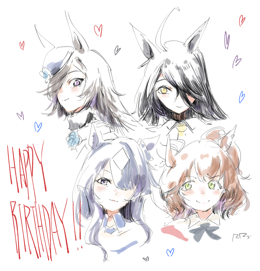 4girls animal_ears artist_name aston_machan_(umamusume) black_bow black_bowtie blue_eyes bow bowtie brown_hair closed_mouth collared_shirt flower hair_over_one_eye happy_birthday hat heart highres horse_ears horse_girl long_bangs long_hair looking_at_viewer manhattan_cafe_(umamusume) medium_hair multiple_girls necktie purple_flower purple_hat rice_shower_(umamusume) ringring_(artist) shirt signature simple_background smile umamusume verxina_(umamusume) white_background yellow_eyes yellow_necktie