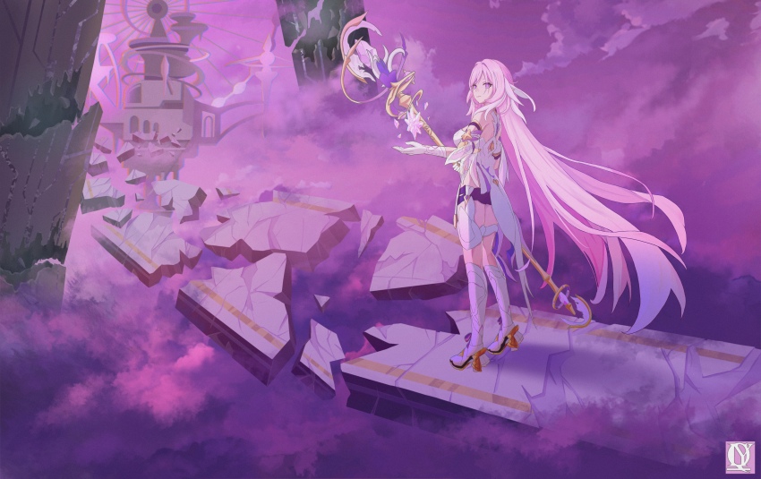 1girl absurdres black_shorts boots breasts chailanyiqi chinese_commentary commentary_request corset diamond-shaped_pupils diamond_(shape) elf elysia_(herrscher_of_human:_ego)_(honkai_impact) elysia_(honkai_impact) ferris_wheel gloves ground_shatter high_heel_boots high_heels highres holding holding_staff honkai_(series) honkai_impact_3rd long_hair pink_hair pointy_ears purple_eyes purple_sky short_shorts shorts sky solo staff symbol-shaped_pupils thigh_boots very_long_hair white_boots white_corset white_gloves