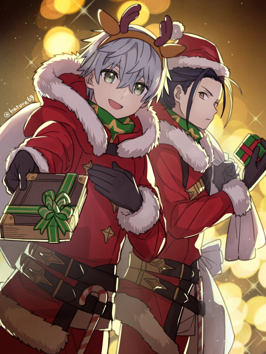 2boys alternate_costume ashe_ubert black_hair book candy candy_cane felix_hugo_fraldarius felix_hugo_fraldarius_(winter) fire_emblem fire_emblem:_three_houses fire_emblem_heroes food fur-trimmed_jacket fur_trim gift giving green_eyes grey_hair hand_on_own_chest hat highres holding holding_book holding_gift holding_sack hood hooded_jacket jacket katsura_ichiho looking_at_viewer male_focus multiple_boys nintendo official_alternate_costume open_mouth sack santa_costume santa_hat smile sparkle twitter_username