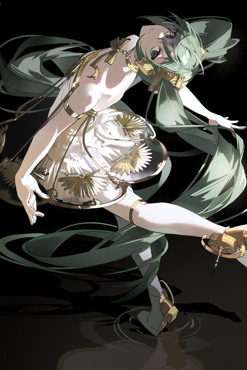 1girl absurdres arched_back armband bare_shoulders black_background buri_(retty9349) choppy_bangs commentary dress flat_chest full_body green_eyes green_hair hatsune_miku high_heels highres leaning_back leg_up long_hair looking_at_viewer see-through_clothes simple_background solo standing standing_on_one_leg strapless strapless_dress thigh_strap twintails very_long_hair vocaloid