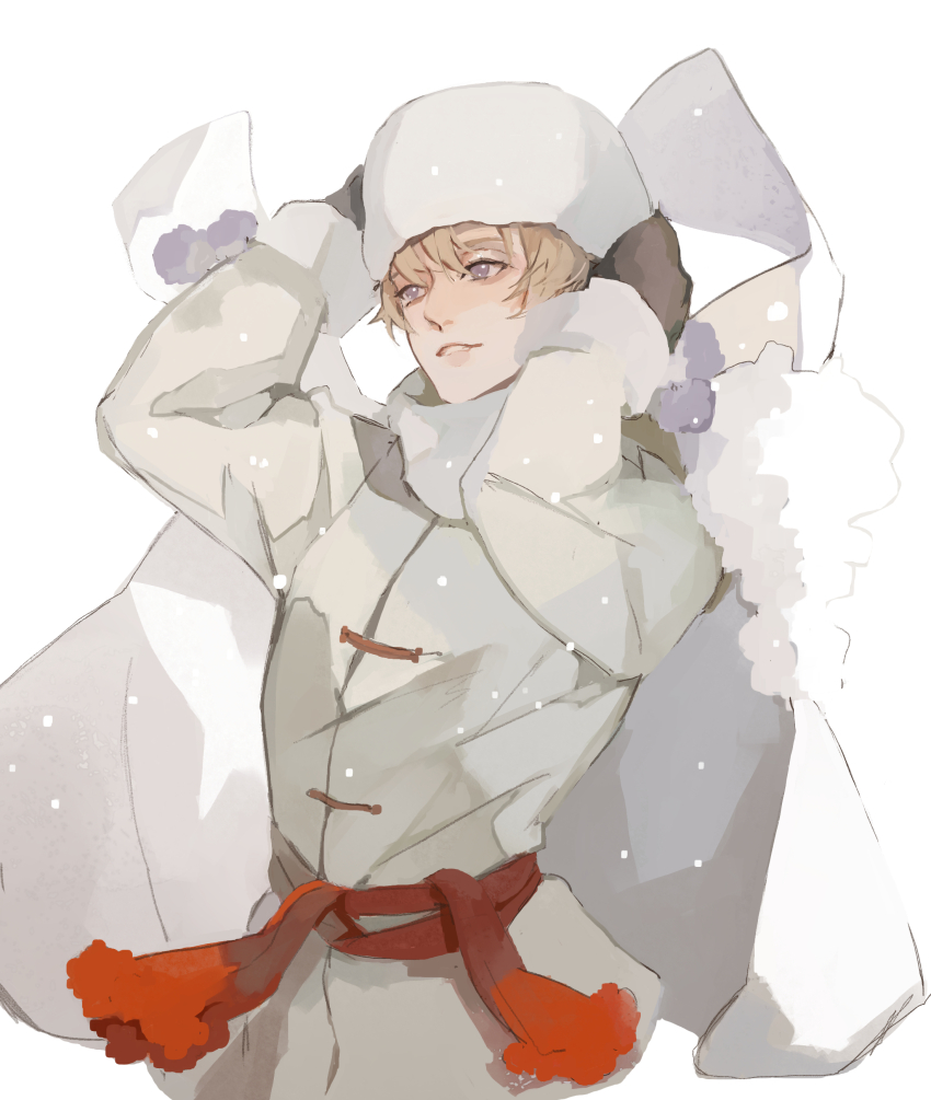 1boy absurdres arms_up axis_powers_hetalia belt black_gloves blonde_hair cape coat fur-trimmed_cape fur_hat fur_trim gloves hair_between_eyes hands_on_headwear hat highres kamui_(kurohshiro1) long_sleeves male_focus purple_eyes red_belt russia_(hetalia) scarf short_hair simple_background smile snowing solo teeth white_background white_cape white_coat white_hat white_scarf