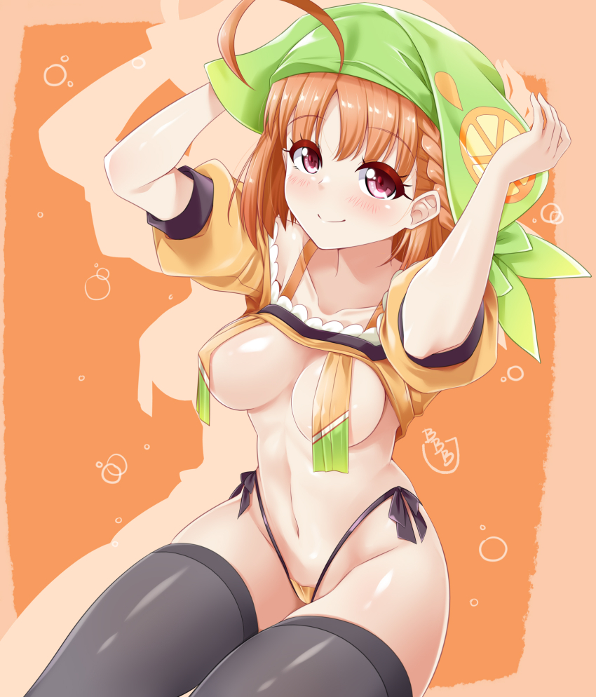 1girl ahoge arms_up black_thighhighs blush bonnet braid breast_curtains breasts bunji chika_(genjitsu_no_yohane) commentary covered_erect_nipples genjitsu_no_yohane highleg highleg_panties highres looking_at_viewer love_live! love_live!_sunshine!! medium_breasts medium_hair navel orange_background orange_hair panties red_eyes signature sitting skindentation smile solo takami_chika thick_thighs thighhighs thighs thong underwear