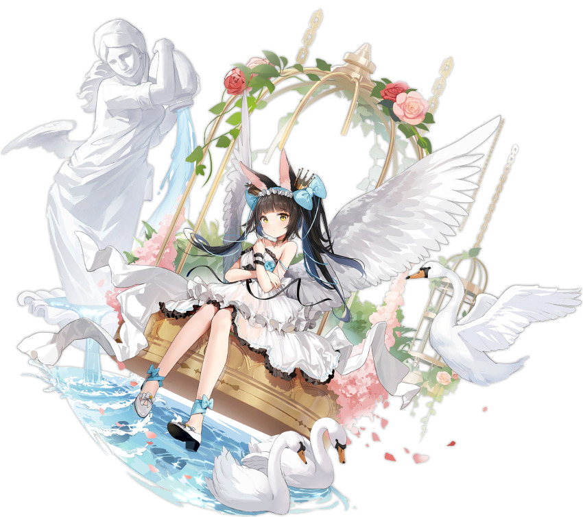 1girl alisa_(kuro_no_sakura) angel_wings animal animal_ear_fluff animal_ears azur_lane bare_shoulders bell bird birdcage black_hair blue_bow blunt_bangs blush bow breasts cage closed_mouth collarbone crossed_arms crown dress evening_gown feathered_wings flower fountain fox_ears frills full_body hair_bow hair_ornament highres knees_together_feet_apart long_hair looking_at_viewer mini_crown nagato_(azur_lane) nagato_(guardian_fox&#039;s_procession)_(azur_lane) official_alternate_costume official_art petals pink_flower pink_rose ribbon rose see-through_silhouette shoes simple_background sitting small_breasts smile solo statue strapless strapless_dress transparent_background twintails water white_dress white_shoes white_wings wings yellow_eyes