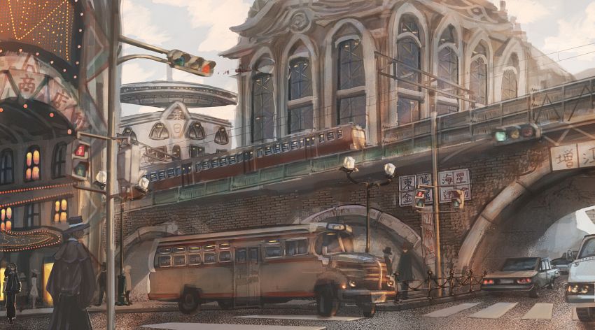 brick_wall bridge building bus city commentary crosswalk falling_petals highres kenzo_093 motor_vehicle original people petals road scenery shouwa sign traffic_light train translation_request variant_set window