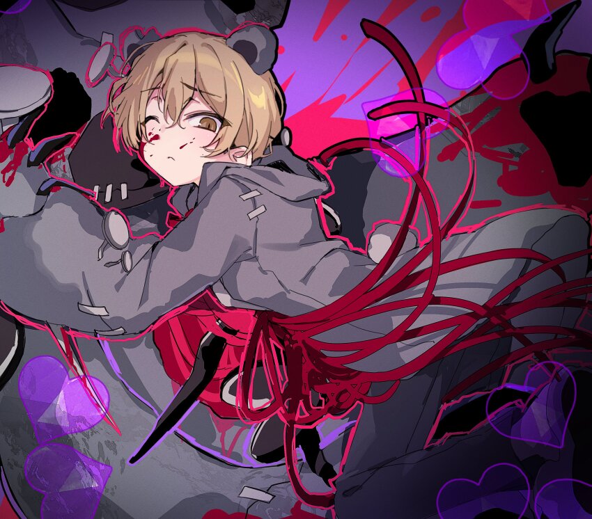 1boy absurdres animal_ears bear_claws bear_ears black_pants blonde_hair blood blood_on_face closed_mouth coat e.g.o_(project_moon) from_side grey_coat heart hex_nail_(e.g.o) highres holding holding_nail light_frown limbus_company long_sleeves looking_at_viewer male_focus manic_rabbits nail_(hardware) one_eye_closed pants project_moon sinclair_(project_moon) stuffed_animal stuffed_toy teddy_bear yellow_eyes