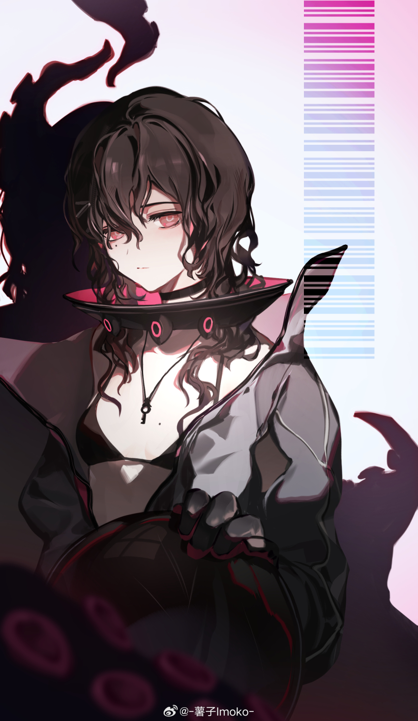 1girl absurdres barcode bikini black_bikini brown_hair chinese_commentary closed_mouth commentary english_commentary girls&#039;_frontline girls&#039;_frontline_neural_cloud hatsuchiri_(neural_cloud) highres imoko_(imonatsuki) jewelry key key_necklace long_hair looking_at_viewer mixed-language_commentary necklace pink_eyes solo swimsuit tentacles watermark weibo_watermark