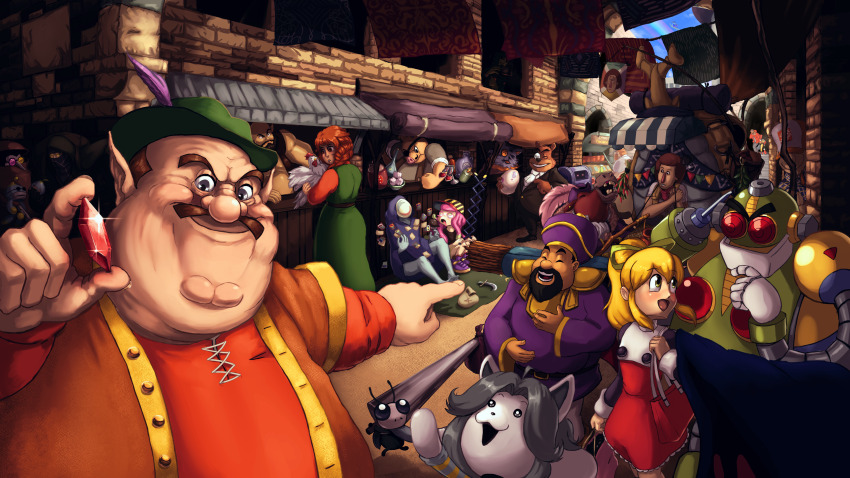 6+boys 6+girls :o aam_(colorfairie) absurdres animal annotation_request auto_(mega_man) awning backpack bag banner bazaar_owner_(ocarina_of_time) beedle bird blanket blonde_hair brown_hair chao_(sonic) character_request chicken commentary copyright_request crazy_dave_(plants_vs._zombies) crossover crypt_of_the_necrodancer cuphead_(game) dagger deltarune drake_(rapper) dress english_commentary eyepatch facial_hair gem green_dress hand_up harmony_(splatoon) heterochromatic_eyewear highres holding holding_animal holding_gem hollow_knight indoors jerma985 knife laughing link:_the_faces_of_evil looking_at_viewer market mega_man_(series) merchant_(slay_the_spire) moneybags_(spyro) morshu multiple_boys multiple_girls mustache nail_(hollow_knight) nintendo omochao pig pink_hair plants_vs._zombies porkrind red_gemstone roll_(mega_man) seam_(deltarune) shopkeeper_(necrodancer) sitting slay_the_spire sly_(hollow_knight) smile sonic_(series) spamton_g._spamton splatoon_(series) splatoon_3 spyro_(series) stairs temmie the_home_depot the_legend_of_zelda the_legend_of_zelda:_ocarina_of_time the_legend_of_zelda:_the_wind_waker the_legend_of_zelda_(cd-i) tinted_eyewear trait_connection undertale upper_body weapon