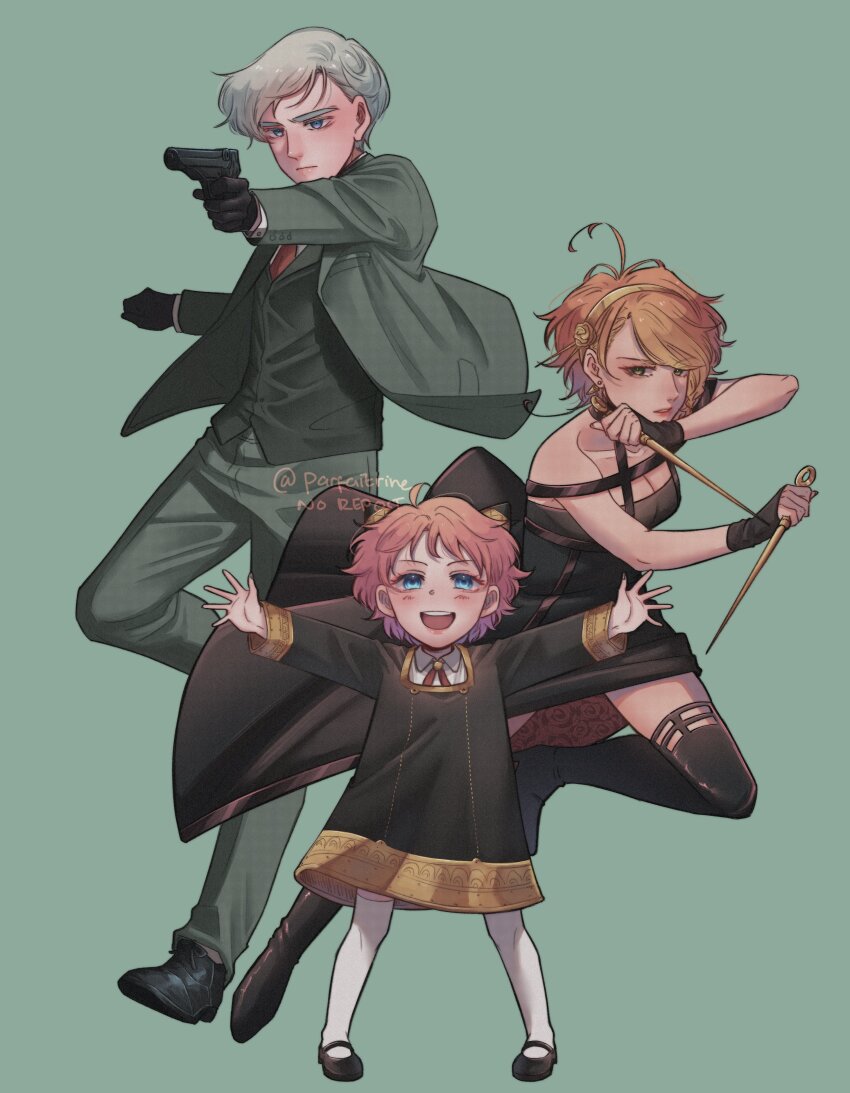 1boy 2girls absurdres anya_(spy_x_family) anya_(spy_x_family)_(cosplay) black_dress black_footwear black_gloves black_jacket black_thighhighs blue_eyes blush breasts closed_mouth cosplay dress earrings eden_academy_school_uniform emma_(yakusoku_no_neverland) formal_clothes gloves green_eyes green_jacket green_pants green_suit grey_hair gun hairband handgun highres holding holding_gun holding_weapon jacket jewelry medium_breasts multiple_girls necktie norman_(yakusoku_no_neverland) open_mouth orange_hair original pants parfaitrine pink_hair red_necktie school_uniform short_hair spy_x_family suit thighhighs twilight_(spy_x_family) twilight_(spy_x_family)_(cosplay) weapon yakusoku_no_neverland yor_briar yor_briar_(cosplay)