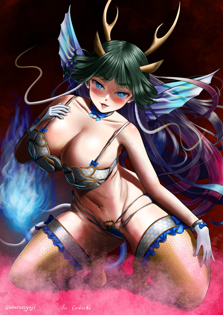 1girl absurdres aburaeoyaji animal_ears black_hair blue_eyes bow bowtie breasts commission giraffe_ears giraffe_girl giraffe_horns giraffe_tail gloves highres horns huge_breasts kemono_friends kemono_friends_3 kirin_(kemono_friends) lingerie long_hair looking_at_viewer multicolored_hair pixiv_commission red_hair scale_print smile solo tail thighhighs underwear white_hair wings