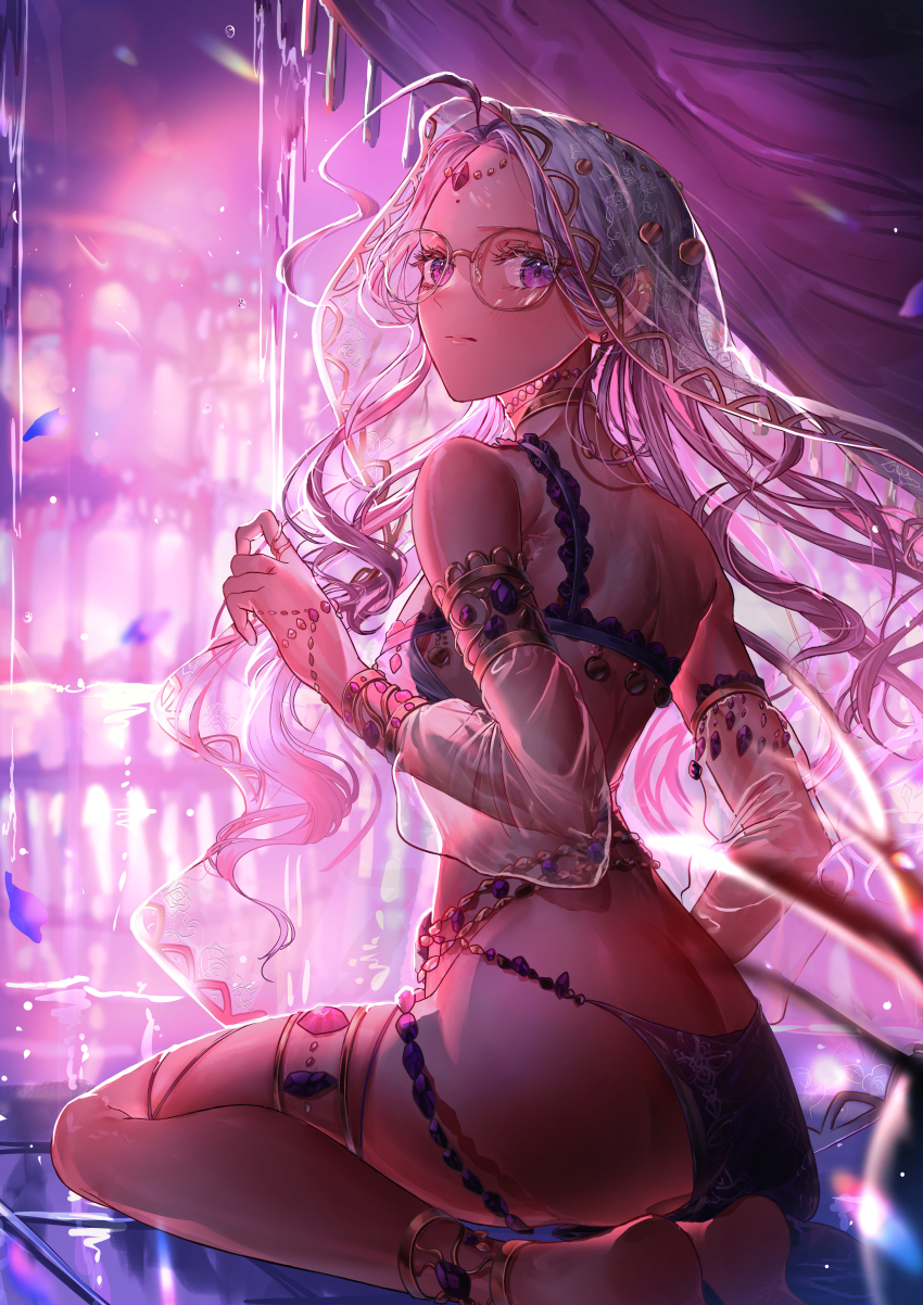 1girl absurdres anklet barefoot bracelet butt_crack dark-skinned_female dark_skin detached_sleeves fate/extra fate_(series) glasses highres jewelry long_hair long_sleeves looking_back pink_hair purple_eyes rani_viii ring sanbon_hijiki see-through_clothes see-through_sleeves shoulder_blades sitting soles solo thighlet
