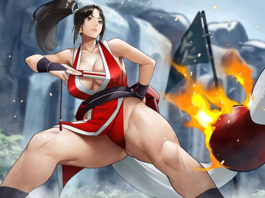 1girl absurdres arm_guards bad_tag bare_legs bare_shoulders black_hair blurry blurry_background breasts brown_eyes cameltoe cleavage collarbone commentary crossover embers fatal_fury fingernails fire flag folded_fan folding_fan hair_ornament hand_fan high_ponytail highleg highleg_panties highres holding holding_fan japanese_clothes large_breasts lips long_hair ninja no_bra obi outdoors panties parted_bangs parted_lips pelvic_curtain plant ponytail pyrokinesis red_panties revealing_clothes sash shiranui_mai sideboob sleeveless solo street_fighter street_fighter_6 tabi tassel the_king_of_fighters thick_thighs thighs toned toned_female underwear water waterfall wrist_cuffs yoshio_(55level)