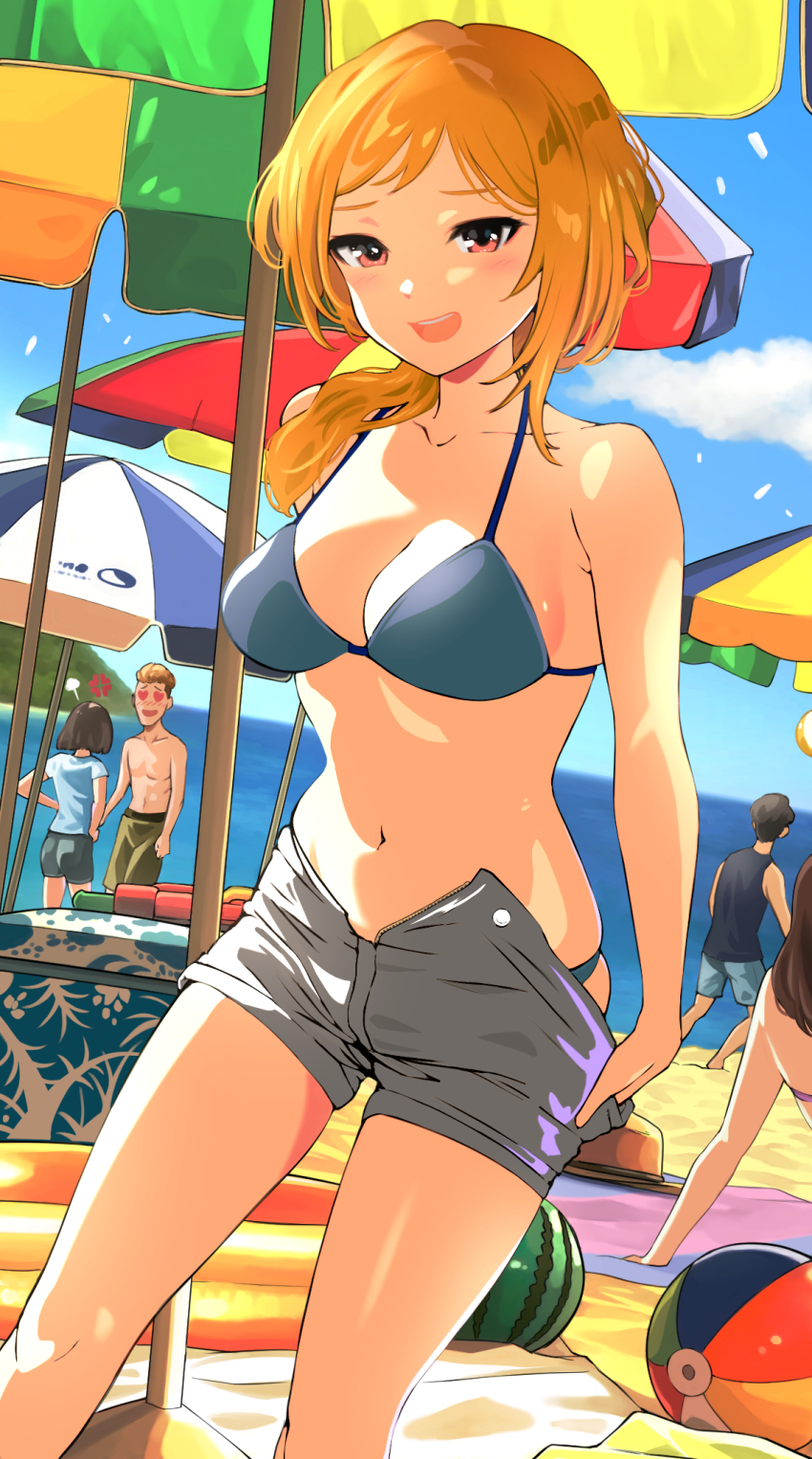 1girl beach bikini bikini_under_shorts blonde_hair blue_bikini blush breasts cleavage collarbone feet_out_of_frame grey_shorts hair_over_shoulder hanamasa_ono heart heart-shaped_pupils highres idolmaster idolmaster_million_live! looking_at_another looking_at_viewer mat medium_breasts momose_rio navel outdoors parasol people shorts smile solo_focus swimsuit symbol-shaped_pupils umbrella undressing