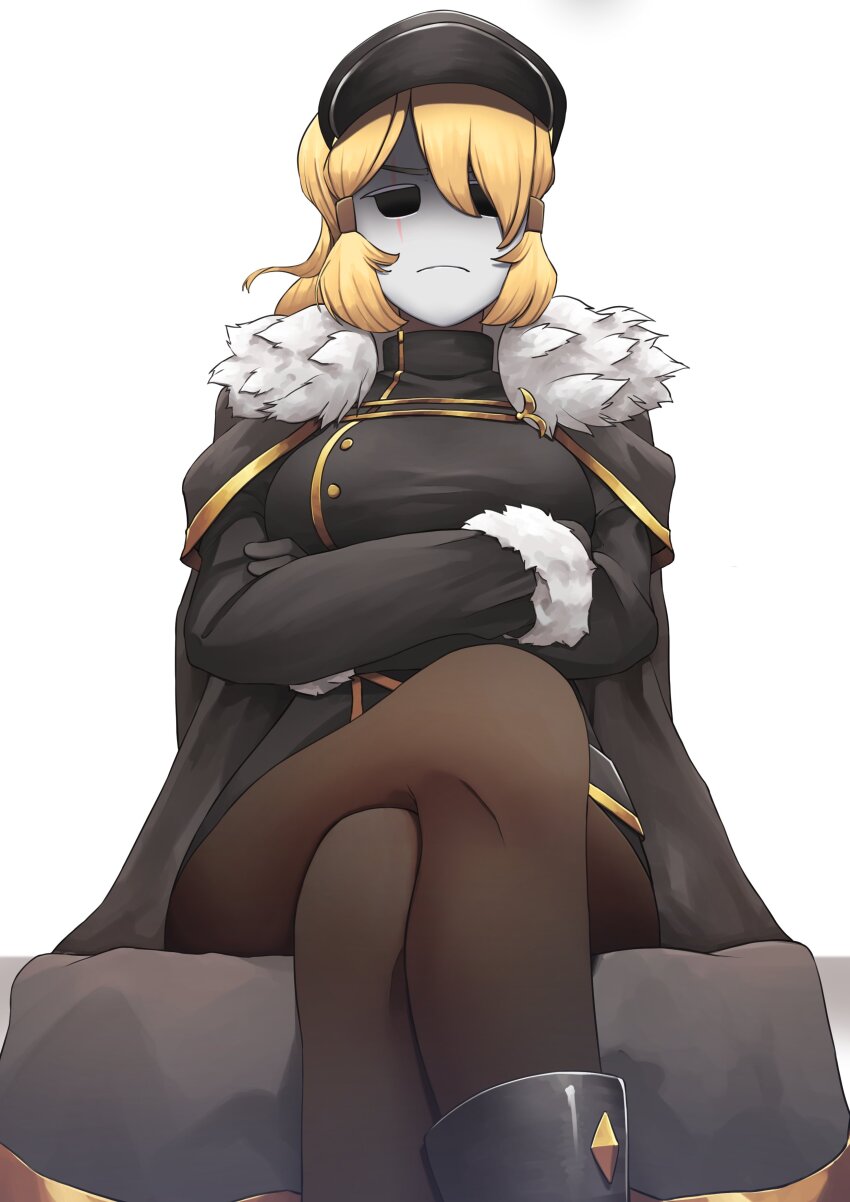 1girl 2022 absurdres annoyed black_boots black_gloves black_jacket black_pantyhose blonde_hair blurry boots borrowed_character breasts cape commentary commission crossed_arms crossed_legs depth_of_field english_commentary foreshortening fur-trimmed_jacket fur-trimmed_sleeves fur_trim gloves hair_over_one_eye hat highres jacket large_breasts locket_white_(bakalorin) long_sleeves mario_(series) military_hat military_jacket nintendo original pantyhose shiryuu_akira shy_gal simple_background sitting straight-on swept_bangs thighs white_background white_mask