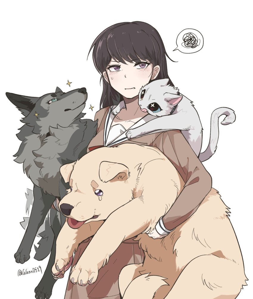 1girl animal animalization bang_dream! bang_dream!_it&#039;s_mygo!!!!! black_hair blush brown_dress cat dog dress guagua977 hanasakigawa_school_uniform highres holding holding_animal kaname_raana long_hair long_sleeves misumi_uika mole mole_under_eye parted_lips purple_eyes raana_the_cat sailor_collar sailor_dress school_uniform shiina_taki simple_background solo sparkle spoken_squiggle squiggle sweatdrop twitter_username white_background white_sailor_collar wolf yahata_umiri
