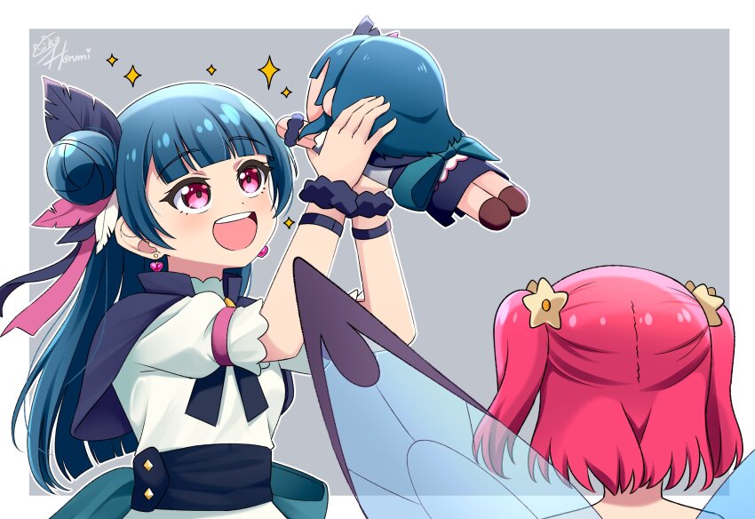 2girls :d absurdres artist_name black_capelet black_corset blouse blue_hair border capelet character_doll commentary corset dark_blue_hair doll earrings fairy fairy_wings feather_hair_ornament feathers genjitsu_no_yohane grey_background hair_bun hair_ornament hair_ribbon heart heart_earrings highres holding holding_doll jewelry kurosawa_ruby long_hair love_live! love_live!_sunshine!! multiple_girls nesoberi open_mouth outside_border pink_eyes pink_hair ribbon ruby_(genjitsu_no_yohane) scrunchie shirt short_hair short_sleeves signature simple_background single_side_bun ska.harumi smile sparkle teeth tsushima_yoshiko two_side_up upper_body upper_teeth_only white_border white_shirt wings wrist_scrunchie yohane_(genjitsu_no_yohane)