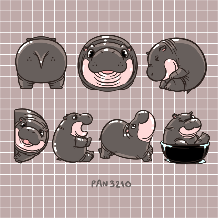 animal_focus artist_name baby_animal black_eyes bowl brown_background character_name grid_background highres looking_at_viewer moo_deng open_mouth pan3210 pygmy_hippopotamus real_life sitting smile thai_commentary