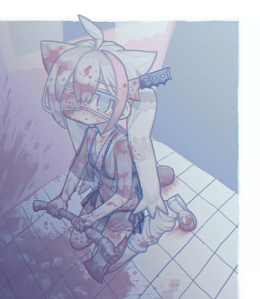 1girl ahoge animal_ears axe bikini blood blood_on_clothes blood_on_face blood_on_ground blood_on_wall blood_splatter bloody_weapon blue_bikini blue_eyes borrowed_character cat_ears crying crying_with_eyes_open eyepatch flat_chest from_above highres holding holding_axe kneeling knife_in_head leg_warmers long_hair looking_at_viewer looking_up medical_eyepatch micro_bikini multicolored_hair no_pupils object_through_head one_eye_covered original pink_hair rnfhv robe see-through_robe shoes short_sleeves sneakers solo streaked_hair swimsuit tears tile_floor tiles twintails two-handed weapon white_hair