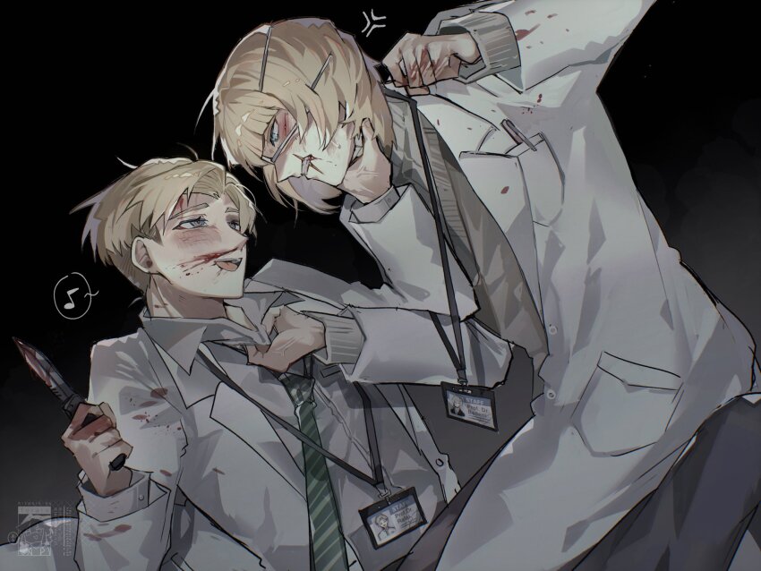 2boys anger_vein badeni black_background blood blunt_bangs blush chi.:_chikyuu_no_undou_ni_tsuite clenched_hands clenched_teeth clothes_grab collar_grab collared_shirt eyepatch highres holding holding_knife injury knife lab_coat male_focus medium_hair multiple_boys musical_note name_tag necktie neckwear_grab nosebleed object_in_pocket parted_bangs pen_in_pocket pocket rafal_(chi.) scar scar_on_face scar_on_mouth shirt short_hair spoken_musical_note striped_necktie teeth toramledak white_shirt