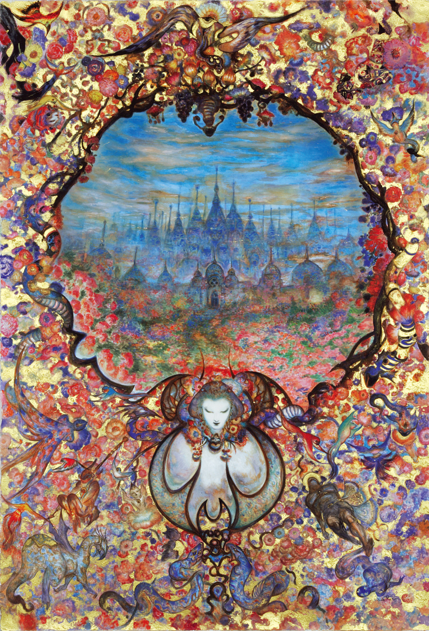 1girl amano_yoshitaka bird blue_flower city colorful commentary dragon final_fantasy final_fantasy_xi flower highres in-universe_location mamool_ja official_art parrot pink_flower purple_flower red_flower second-party_source snake