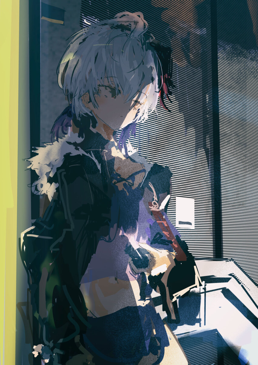 1girl absurdres against_wall androgynous black_hair black_jacket closed_mouth commentary_request cowboy_shot cropped_shirt expressionless flower_(gynoid_talk) flower_(vocaloid) fur-trimmed_jacket fur_trim grey_hair gynoid_talk highres holding jacket kabuyama_kaigi long_sleeves looking_to_the_side midriff multicolored_hair navel open_clothes open_jacket purple_shirt railing shirt short_hair solo standing streaked_hair vocaloid