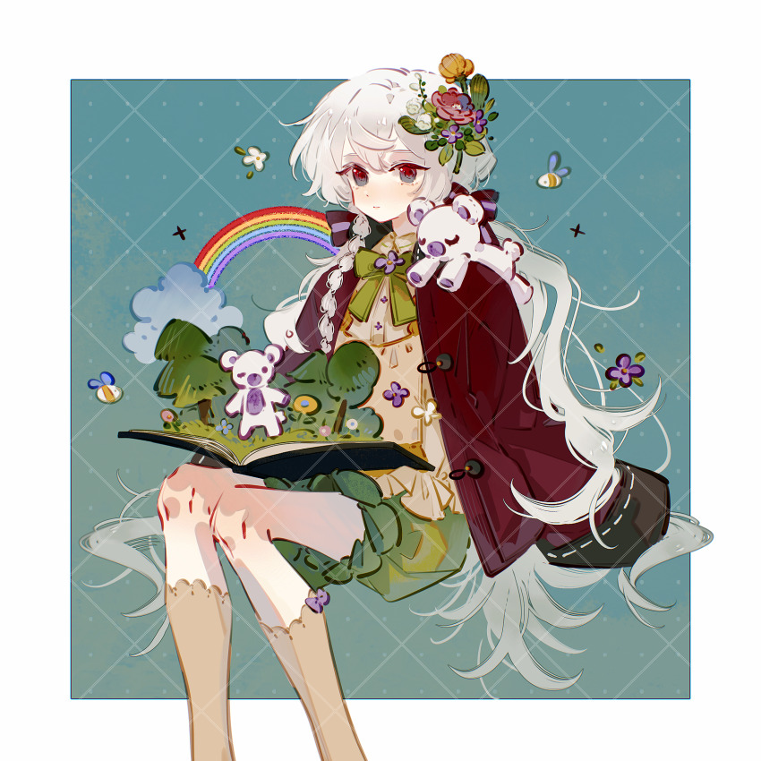 1girl animal animal_on_shoulder aqua_background bee blue_eyes book border braid bug chinese_commentary closed_mouth commission expressionless feet_out_of_frame flower frilled_shirt frills green_shorts hair_between_eyes hair_flower hair_ornament highres insect invisible_chair jacket knees_together_feet_apart long_hair long_sleeves looking_at_viewer multicolored_eyes open_book open_clothes open_jacket original outside_border polka_dot polka_dot_background pop-up_book procreate_(medium) puffy_shorts rainbow red_eyes red_jacket shirt shorts shuling side_braid sideways_glance sitting sleeves_past_fingers sleeves_past_wrists socks stuffed_animal stuffed_toy teddy_bear tree two-tone_eyes white_border white_hair yellow_shirt yellow_socks