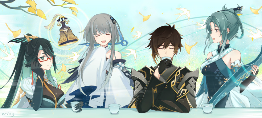 1boy 3girls absurdres armor artist_name bare_shoulders bell bird black_gloves black_hair breasts brown_hair china_dress chinese_clothes chinese_commentary chinese_hairpin cloud_retainer_(genshin_impact) cup detached_sleeves dress drinking genshin_impact ginkgo_leaf ginkgo_tree gloves gradient_hair green_eyes grey_hair guizhong_(genshin_impact) guzheng hair_between_eyes hair_ornament halter_leotard halterneck high_ponytail highres instrument large_breasts leaf leotard long_hair long_sleeves madame_ping_(genshin_impact) multicolored_hair multiple_girls music official_alternate_costume open_mouth playing_instrument ponytail semi-rimless_eyewear short_hair_with_long_locks shoulder_armor sidelocks sky sleeves_past_fingers sleeves_past_wrists smile tassel tassel_hair_ornament teacup upper_body white_dress wide_sleeves xianyun_(genshin_impact) zcing zhongli_(genshin_impact)