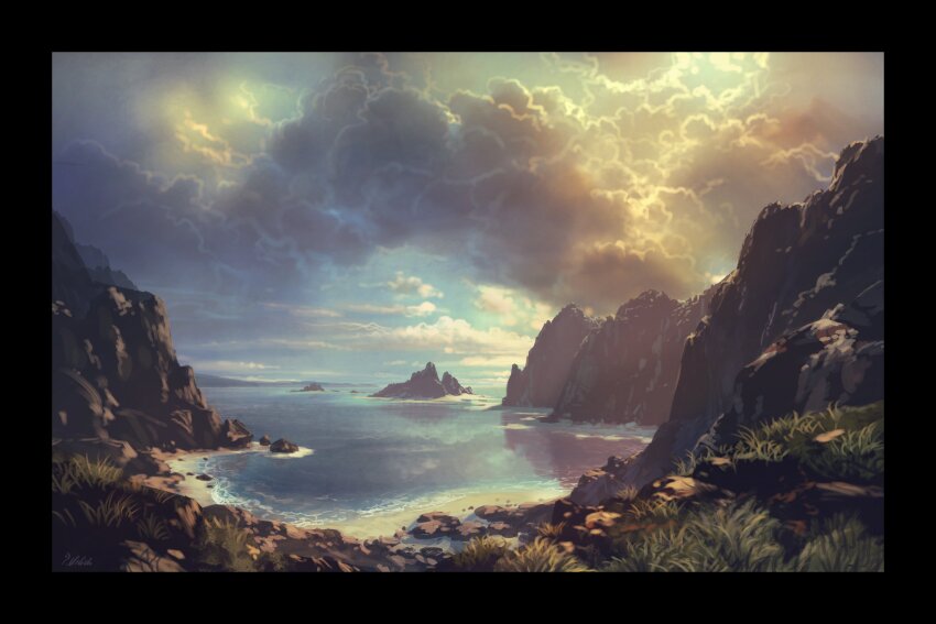 absurdres black_border blue_sky border cliff cloud cloudy_sky day grass highres no_humans ocean original outdoors philipp_urlich scenery shore sky sunlight water