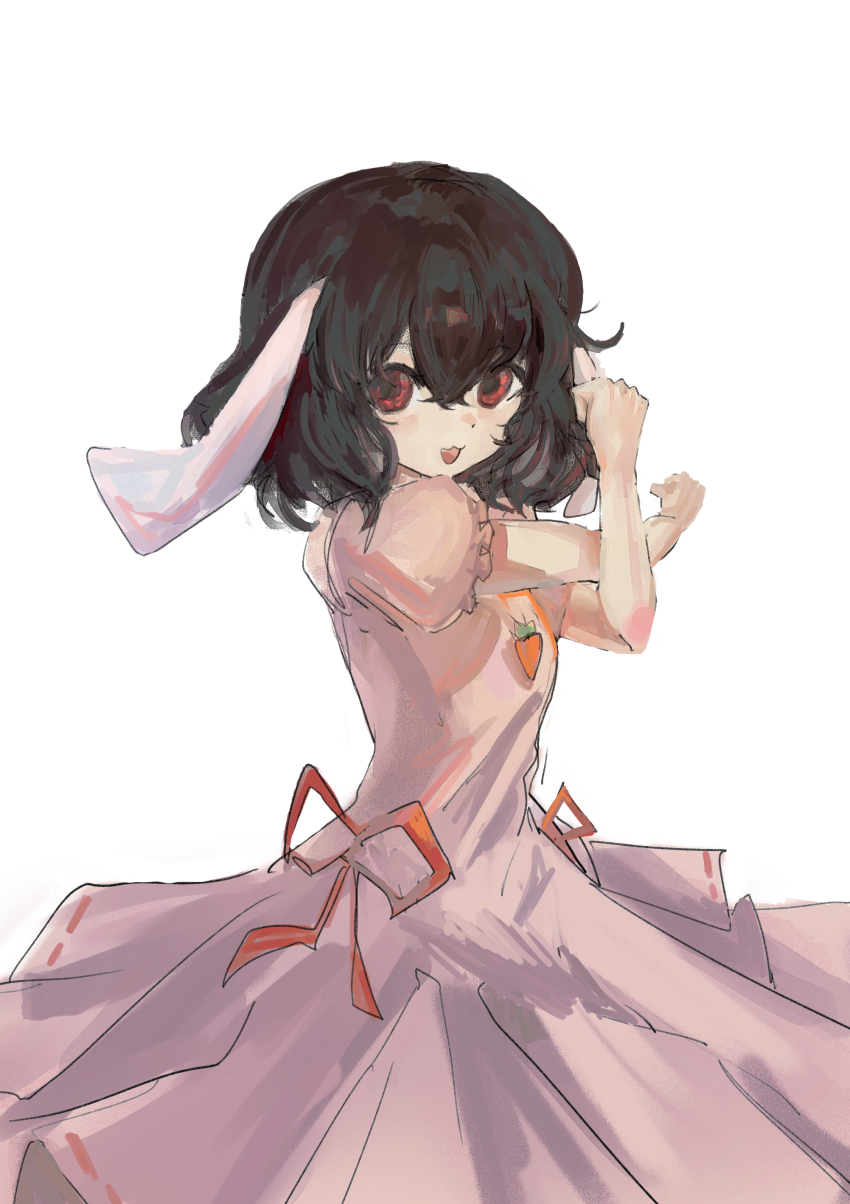 1girl :3 :d absurdres animal_ears bare_arms black_hair commentary crossed_arms dress frilled_sleeves frills hair_between_eyes highres inaba_tewi looking_at_viewer lop_rabbit_ears medium_hair open_mouth pink_dress puffy_short_sleeves puffy_sleeves rabbit_ears rabbit_girl red_eyes short_sleeves simple_background smile solo stretching touhou white_background zyklon_(uzwp3488)