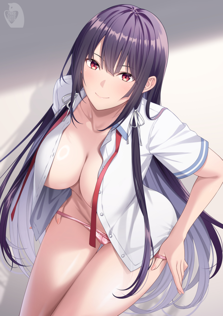 1girl artist_logo breasts closed_mouth collared_shirt commentary_request cowboy_shot dress_shirt dutch_angle hair_ribbon haite_kudasai_takamine-san highres large_breasts leaning_forward light_blush logo long_hair looking_at_viewer neck_ribbon no_pants open_clothes open_shirt panties panty_pull pink_panties pulling_own_clothes purple_hair red_eyes red_ribbon ribbon shiny_skin shirt short_sleeves smile solo standing takamine_takane thigh_gap underwear undone_neck_ribbon very_long_hair white_ribbon white_shirt zaregoto_tsukai_no_deshi