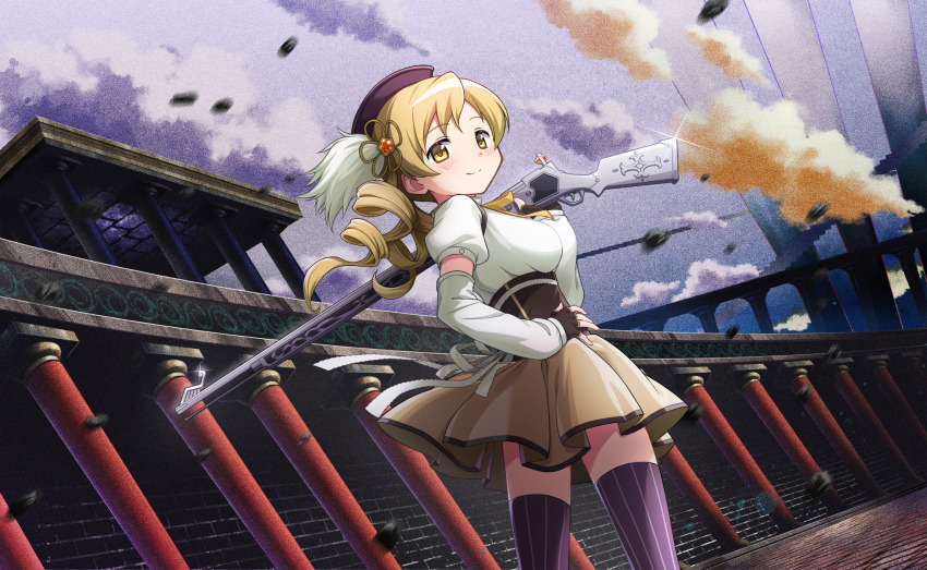 1girl artist_request back_ribbon beret black_corset black_gloves black_hat blonde_hair bow bowtie buttons closed_mouth cloud collared_shirt corset cowboy_shot detached_sleeves dot_nose drill_hair fingerless_gloves flower_hairpin game_cg gem gem_hair_ornament gloves grey_thighhighs gun hand_on_own_hip happy hat hat_feather high_collar highres holding holding_gun holding_weapon light_blush light_particles long_hair long_sleeves magical_girl magical_musket mahou_shoujo_madoka_magica mahou_shoujo_madoka_magica_magia_exedra miniskirt official_art orange_gemstone over_shoulder pleated_skirt puffy_long_sleeves puffy_short_sleeves puffy_sleeves ribbon shirt short_sleeves skirt smile solo standing striped_clothes striped_thighhighs tareme thighhighs tomoe_mami tomoe_mami_(magical_girl) twin_drills vertical-striped_clothes vertical-striped_thighhighs weapon weapon_over_shoulder white_ribbon white_shirt white_sleeves witch&#039;s_labyrinth yellow_bow yellow_bowtie yellow_eyes yellow_skirt