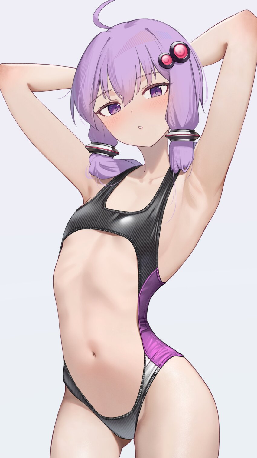 1girl absurdres ahoge armpits arms_up blush center_opening commentary_request competition_swimsuit expressionless flat_chest highres looking_at_viewer navel one-piece_swimsuit parted_lips penguin_(dx19291005) purple_eyes purple_hair revealing_clothes ribs short_hair solo swimsuit vocaloid voiceroid yuzuki_yukari