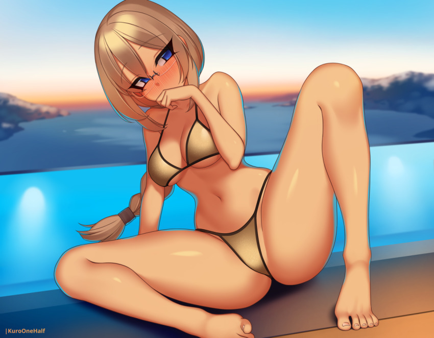 1girl arm_support barefoot bikini blue_eyes blush borrowed_character braid breasts brown_hair cleavage collarbone covering_own_mouth dock glasses gold_bikini kuroonehalf lake long_hair looking_at_viewer medium_breasts mountain navel original sitting sky spread_legs water