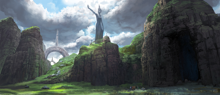 4others blue_sky cave cloud cloudy_sky commentary_request creature fantasy grand_scale grass highres multiple_others noba original outdoors scenery sky statue structure