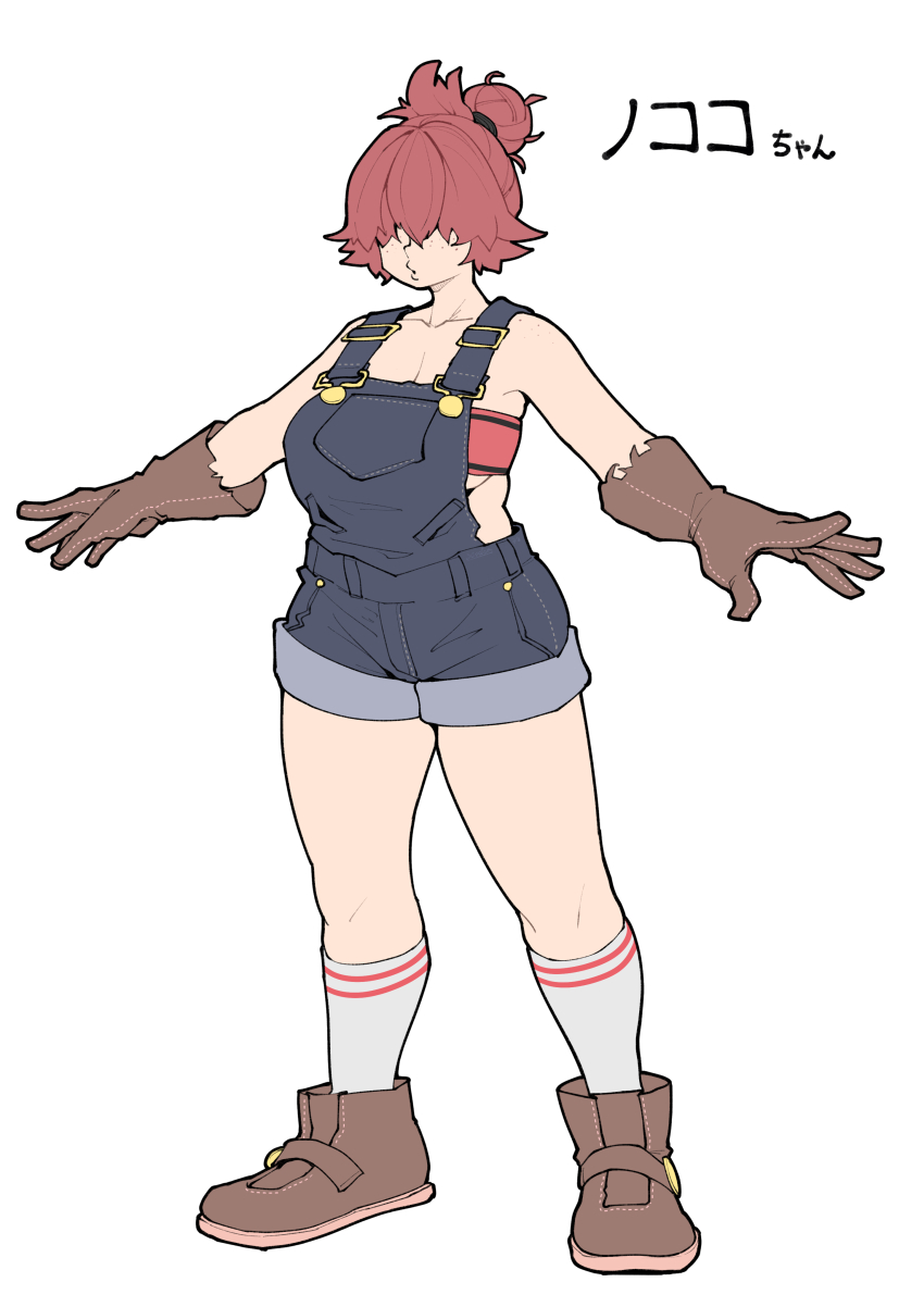 1girl absurdres assha_(schector) bandeau black_overalls breasts brown_gloves brown_shoes cleavage commentary_request freckles full_body gloves grey_socks hair_bun hair_over_eyes highres large_breasts long_bangs original overalls red_bandeau shoes simple_background single_hair_bun socks solo translation_request white_background