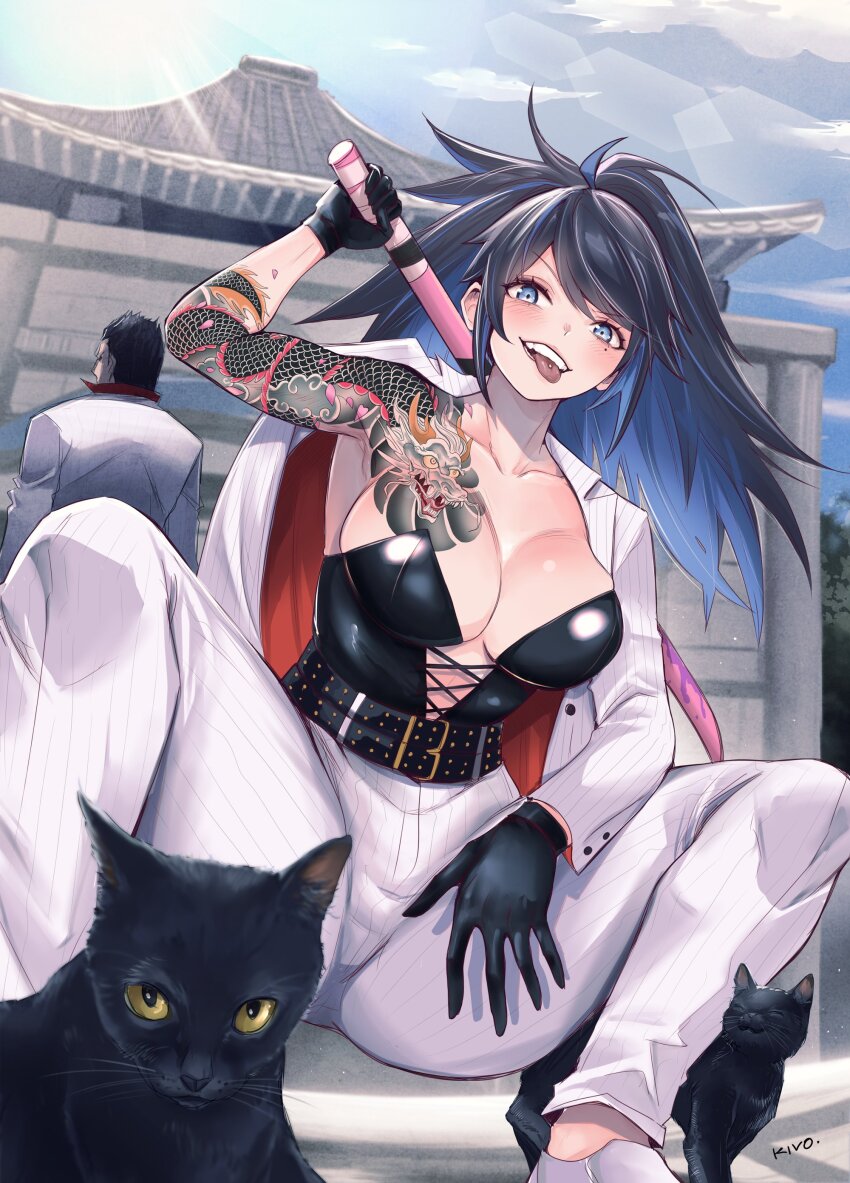 1boy 1girl absurdres anniversary arm_tattoo belt black_cat black_corset black_hair blue_eyes blue_hair breasts cat cleavage collared_shirt corset formal_clothes gloves grey_suit hair_slicked_back highres holding holding_sword holding_weapon indie_virtual_youtuber irezumi jacket katana kiryu_kazuma kitten kivo kson large_breasts long_hair looking_at_viewer mole mole_under_eye multicolored_hair multiple_belts pants ponytail red_shirt ryuu_ga_gotoku_(series) sheath sheathed shirt short_hair smile solo solo_focus squatting streaked_hair suit sword tattoo tongue tongue_out upper_body virtual_youtuber weapon white_pants yakuza