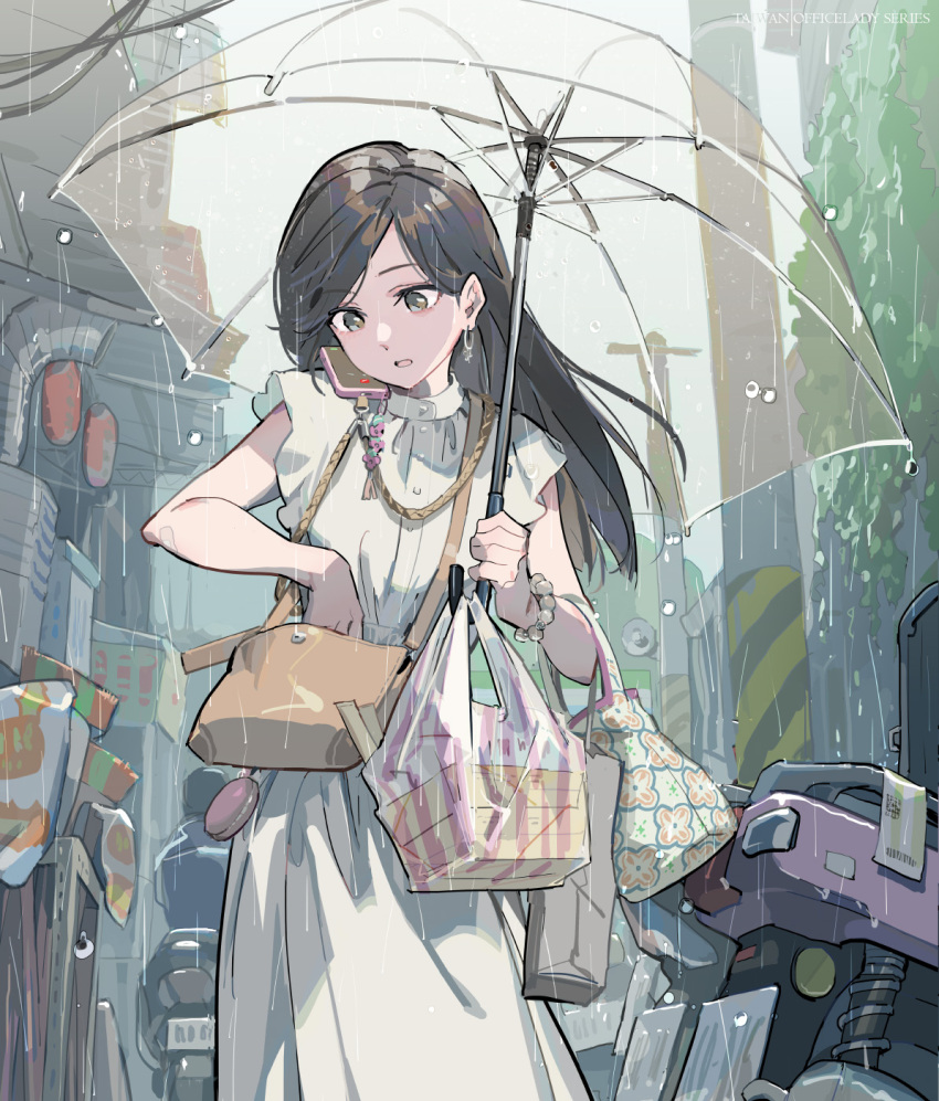 1girl 1other bag bracelet breasts brown_hair buttons cellphone commentary_request dress elbow_carry facing_viewer frilled_sleeves frills green_eyes handbag highres holding holding_bag holding_umbrella jewelry long_dress long_hair looking_at_object looking_down motor_vehicle motorcycle office_lady_taiwan open_mouth original outdoors phone rain short_sleeves shoulder_strap small_breasts smartphone solo_focus taiwan talking_on_phone tennohi umbrella white_dress wind