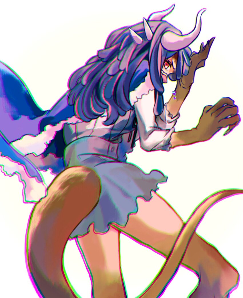 1girl alternate_form blue_cape blue_hair blue_skirt cape chromatic_aberration commentary_request highres horns long_hair looking_back mask mouth_mask one_piece shirt shirt_tucked_in simple_background sinoda_maru7326 skirt solo striped_clothes striped_shirt tail ulti_(one_piece) vertical-striped_clothes vertical-striped_shirt white_background white_horns white_shirt