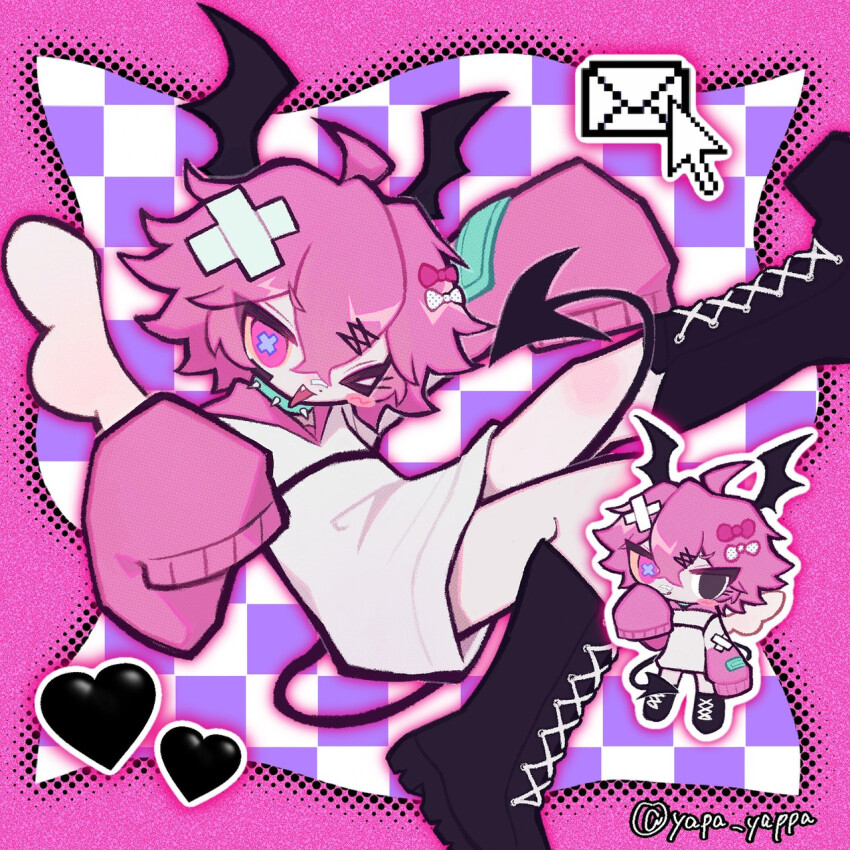 1boy abstract_background black_boots blush_stickers boots chibi chibi_inset commission cursor demon_boy demon_tail demon_wings envelope head_wings heart highres hood hoodie long_sleeves male_focus one_eye_closed original oversized_clothes pink_eyes pink_hair pink_theme short_hair solo symbol-shaped_pupils tail trap wings x-shaped_pupils yappari
