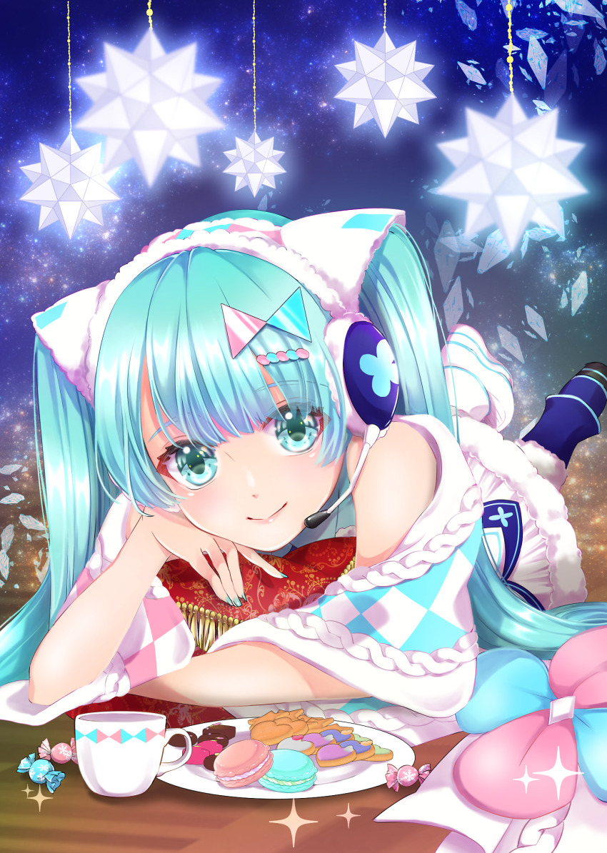 1girl aqua_eyes asymmetrical_footwear asymmetrical_legwear blue_footwear blue_hair blue_nails closed_mouth cookie cup food fur-trimmed_skirt fur_trim hatsune_miku headphones headset heart heart-shaped_food highres long_hair looking_at_viewer lying magical_mirai_miku magical_mirai_miku_(2020_winter) microphone mismatched_footwear nail_polish on_stomach shimako skirt smile solo teacup twintails uneven_footwear uneven_legwear very_long_hair vocaloid white_footwear white_skirt