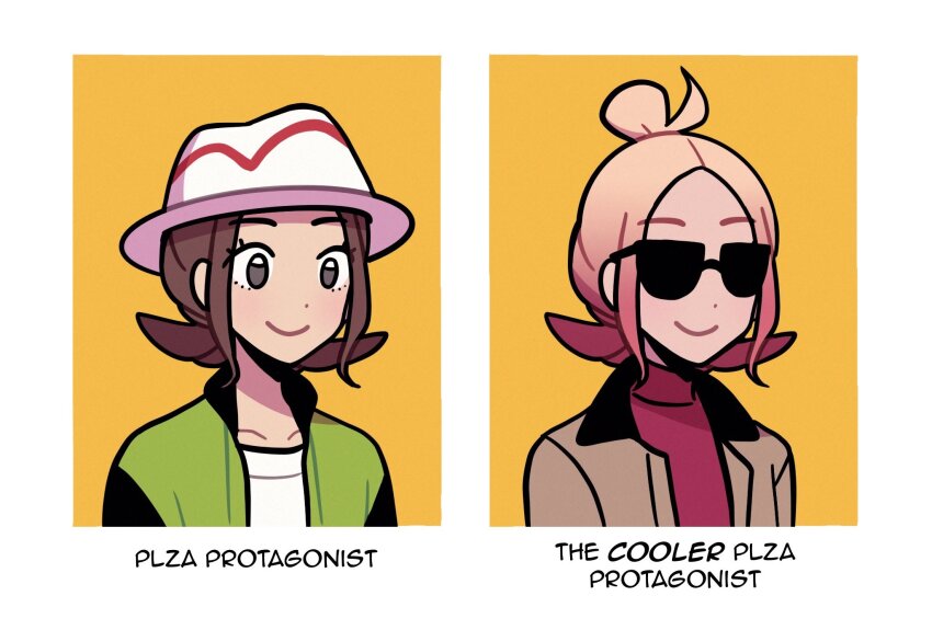 2girls blonde_hair brown_hair gradient_hair hair_bun harmony_(pokemon) hat highres meme multicolored_hair multiple_girls nintendo open_mouth pokemon pokemon_legends:_z-a smile submashell sunglasses taunie_(pokemon) the_cooler_daniel_(meme) tinted_eyewear upper_body white_hat
