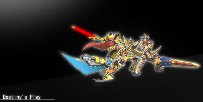 3boys armor cape commentary energy_sword full_armor gold_armor holding holding_sword holding_weapon kamen_rider kamen_rider_blade kamen_rider_blade_(king_form) kamen_rider_blade_(series) kamen_rider_ex-aid kamen_rider_ex-aid_(hyper_muteki) kamen_rider_ex-aid_(series) kamen_rider_kiva kamen_rider_kiva_(emperor_form) kamen_rider_kiva_(series) male_focus multiple_boys muteki_gamer red_cape sword tenpura_hiroyuki tokusatsu translation_request weapon