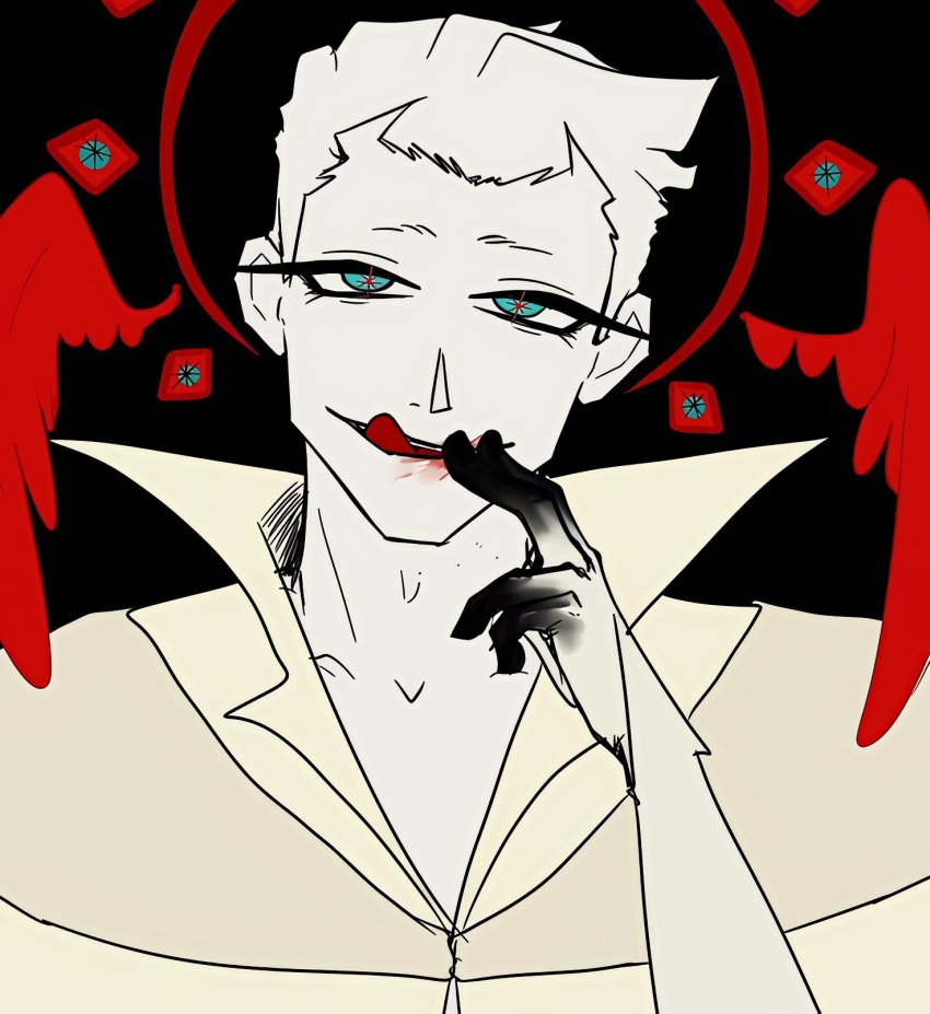 1boy angel angel_wings black_background blood blue_eyes highres looking_at_viewer male_focus medium_hair septem_(to_eat_a_god) to_eat_a_god upper_body visual_novel white_hair wings