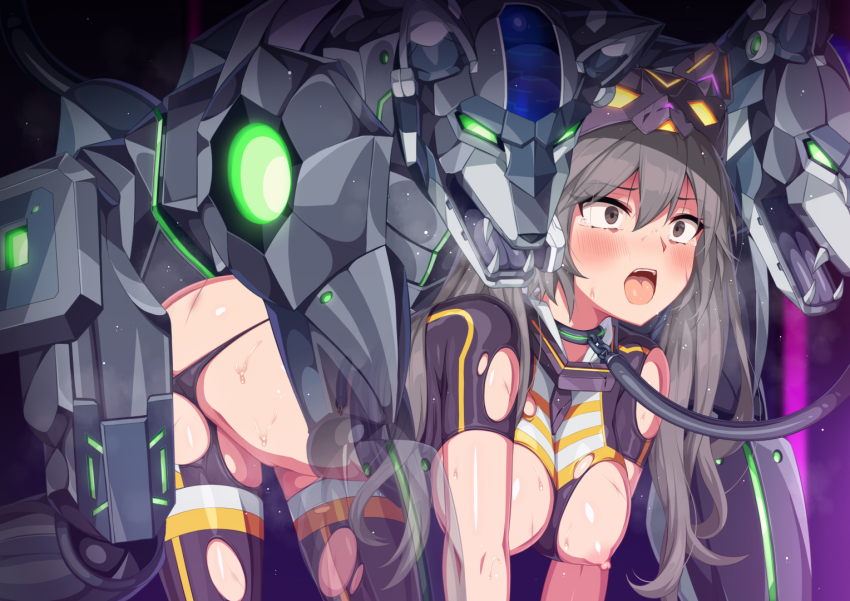 1girl all_fours bdsm bestiality black_thighhighs blush breasts breasts_out brown_eyes cat_mask collar commentary_request doggystyle grey_hair horosuke i:p_masquerena large_breasts leash long_hair mask mask_on_head nipples non-humanoid_robot open_mouth robot robot_animal robot_dog robot_sex s-force_dog_tag sex sex_from_behind short_sleeves slave sweat thighhighs torn_clothes twintails yu-gi-oh!