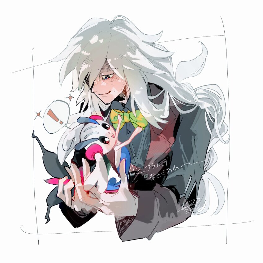 ! 1boy arms_up az_(pokemon) black_shirt bow bowtie braid closed_mouth collared_shirt commentary_request cropped_torso daniel_rei6 dot_nose dress_shirt floette floette_(eternal) gen_6_pokemon hair_between_eyes hair_over_one_eye highres holding holding_pokemon jacket lapels long_hair long_sleeves male_focus nintendo notched_lapels old old_man one_eye_covered open_mouth pokemon pokemon_(creature) pokemon_legends:_z-a shirt signature single_braid smile sparkle speech_bubble spoken_exclamation_mark upper_body very_long_hair wing_collar