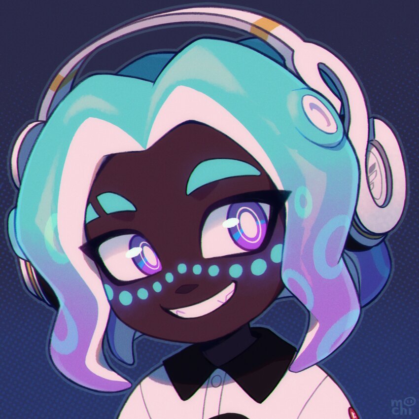 1boy absurdres androgynous artist_name black_background black_shirt blue_background blue_eyes blue_hair bright_pupils buttons collared_shirt commission dark_skin eyebrow_cut fangs forehead glowing_markings gradient_background gradient_hair grin happy headphones highres inkumochi looking_to_the_side medium_hair multicolored_eyes multicolored_hair nintendo octoling_boy octoling_player_character parted_hair patterned_background portrait purple_eyes purple_hair ringed_eyes shirt smile splatoon_(series) sticker_on_face thick_eyebrows two-tone_background two-tone_eyes two-tone_shirt very_dark_skin wavy_hair white_pupils white_shirt